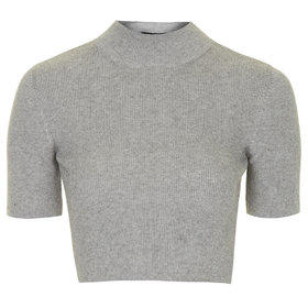 Funnel Neck Ribbed Crop Tee - Grey Marl