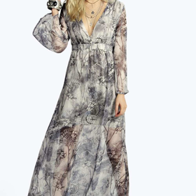 Sofia Grey Print Wide Sleeve Woven Maxi Dress