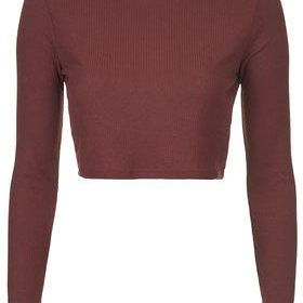 PETITE Long Sleeve Skinny Ribbed Crop Top - Burgundy