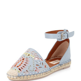 Valentino Floral-Embroidered Ankle-Wrap Espadrille, Blue