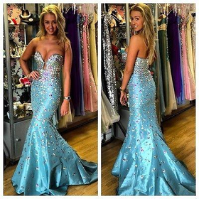 Sexy Crystal Mermaid Evening Dress Sweetheart Long Formal Pageant Prom Gown 2015