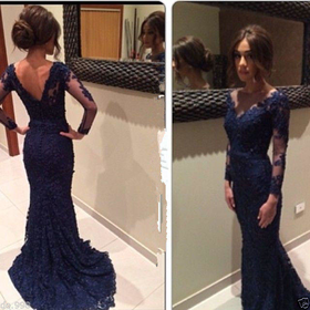 Navy Blue V Neck Evening Dress Mermaid Lace Prom Gown Party Dress Formal Dress