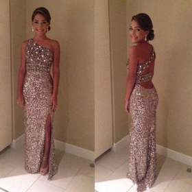 2015 One Shoulder Sequin Formal Evening Gown Leg Slit Prom Ball Party Dresses