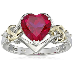 Sterling Silver and 14k Yellow Gold Diamond and Heart-Shaped Created Ruby Ring (0.03 cttw, I-J Color