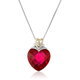 Sterling Silver and 14k Yellow Gold Created Ruby Heart and Diamond-Accent Pendant Necklace, , 18"