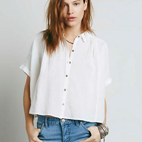 Free People Womens Short Sleeve Linen Crop Buttondown