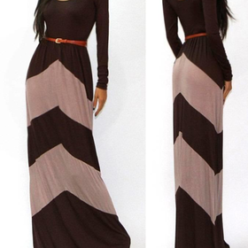 W1 USA CHEVRON COLOR BLOCKED LONG SLEEVE EMPIRE WAISTED JERSEY MAXI DRESS S M L