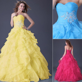 Ruffle Organza Prom Wedding Ball Gowns Evening Formal Long Dress Red/Yellow/Blue