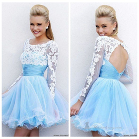 Long Sleeve Blue Prom Evening Party Dresses Ball Gown Short Cocktail Skirt Dress