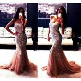 Sexy Beaded Evening Party Dresses Strapless Sequin Long Mermaid Prom Dress Gowns