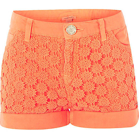 River Island Girls orange denim lace panel shorts