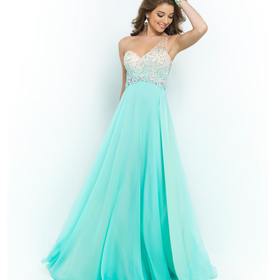 Sea Glass Green Beaded Ombre One Shoulder Open Back Chiffon Gown