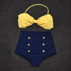 Vintage Retro Pin Up High Waisted Bikini Bow Top +Bottom Swimsuit Blue Yellow