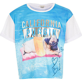 River Island Girls blue California pug print crop top