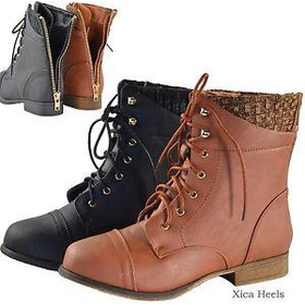 New Womens Combat Military Low Heel Boots Lace Up Knit Ankle Boot Shoes 6-10