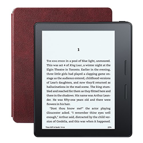 Example - Kindle Oasis with Merlot Leather Charging Cover, Built-in Light, Wi-Fi