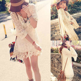 Vintage Sexy Lace Mini Dress Top Hippie Boho Bell Sleeves Gypsy Festival Fringe