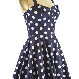 50s Style NAVY Polka Dot TRAVELING CUPCAKE TRUCK Dress with HALTER Petal Bust