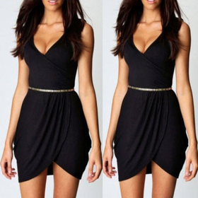 Sexy Women?s Deep V Neck Bodycon Pleated Club Cocktail Party Evening Mini Dress