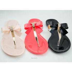 Womens Sandals Flip Flops Thong Rhinestone Bow Jelly Flat Sandal Shoe New