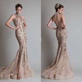 Vogue High Neck Mermaid Applique Evening Dresses Sexy Formal Party Prom Gowns