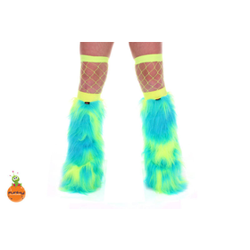 Turquoise & Yellow Cow Print Fluffy Legwarmers hen party furries rave cyber UV