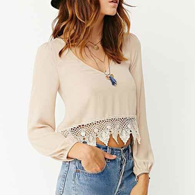 Ecote Lace Trim Boho V-Neck Shirt-