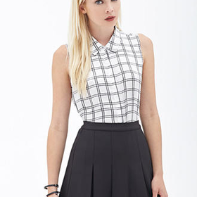 FOREVER 21 Satin Plaid Shirt Cream/Black