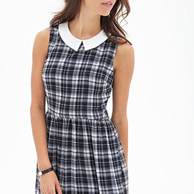 FOREVER 21 Madras Plaid Woven Dress Cream/Grey