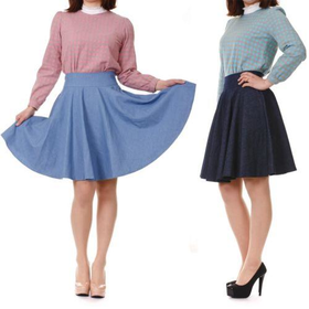 Feminine Retro Pinup Denim High Waist A-line Swing Full Flared Midi Skirt