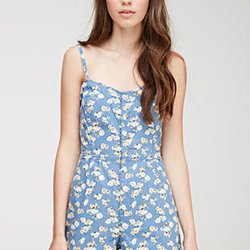 Rose Print Denim Romper