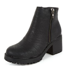Black Zip Side Chunky Cleated Sole Block Heel Boots