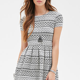 FOREVER 21 Geo Striped Skater Dress Black/Cream