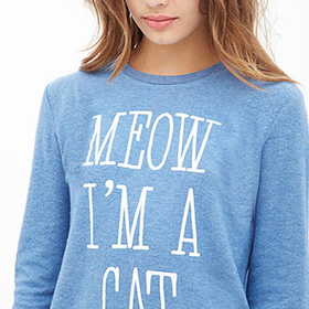 FOREVER 21 Cat Graphic Fleece Pullover Blue/Taupe