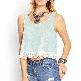 FOREVER 21 Soft Stripe Crochet Tank Mint/Cream Large