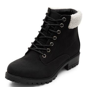 Black Shearling Cuff Lace Up Ankle Boots