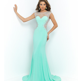 Mint Green Beaded Mesh Illusion Cut Out Open Back Gown