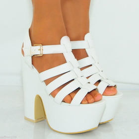 WHITE STRAPPY CHUNKY PU FAUX LEATHER WEDGED PLATFORMS WEDGES HIGH HEELS