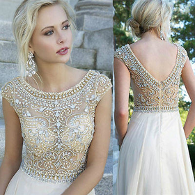 Long Gold Bead Prom Ball Dresses Formal Evening Gown Stock Size 2 4 6 8 10 12