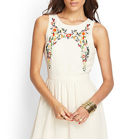 FOREVER 21 Embroidered Floral A-Line Dress Cream/Green