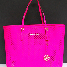 NWT Michael Kors Perforated Saffiano Jet Set Travel Medium Tote Bag ~ Neon Pink