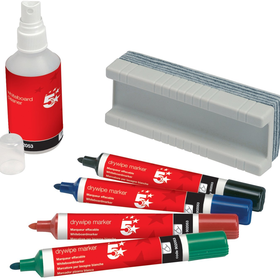 5 Star Office Drywipe Starter Kit of Drywipe Eraser and 100ml Cleaner and 4 Whiteboard Markers Assor