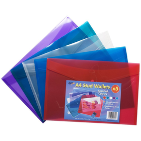 5 x Premium A4 Stud Press Wallets Coloured Plastic Document Popper File Folders