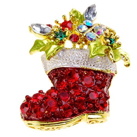 Gold-Toned Festive Christmas Boot Crystal Brooch Pin