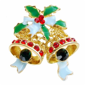 Gold-Toned Christmas Bell Crystal Brooch Pin
