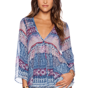 WAYF Pintucked Kimono Top in Border Print