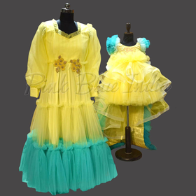 Yellow Mom and Daughter Matching Party Wear Gown