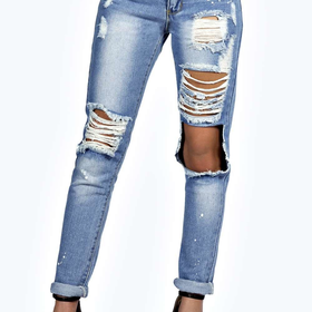 Sara Relaxed Fit Open Knee Boyfriend Jeans