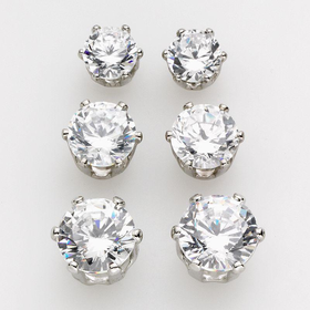 Silver Tone Round Cubic Zirconia Stud Earring Set