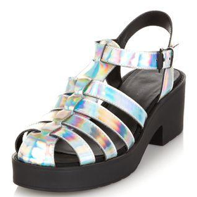 Silver Metallic Caged Chunky Heel Sandals